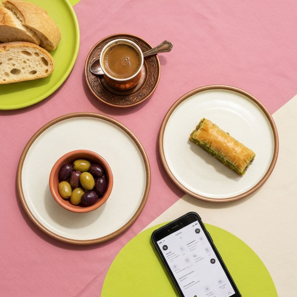 Kahve, baklava ve dijital menüyü gösteren telefonun yer aldığı kafe masası
